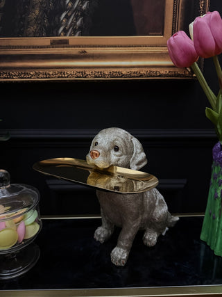 Silver Labrador Dog Holding Gold Tray