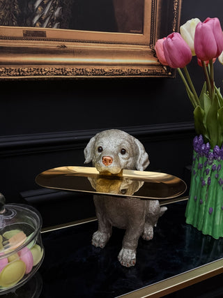 Silver Labrador Dog Holding Gold Tray