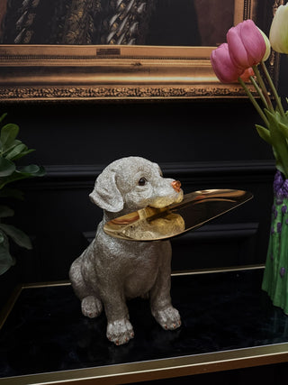 Silver Labrador Dog Holding Gold Tray