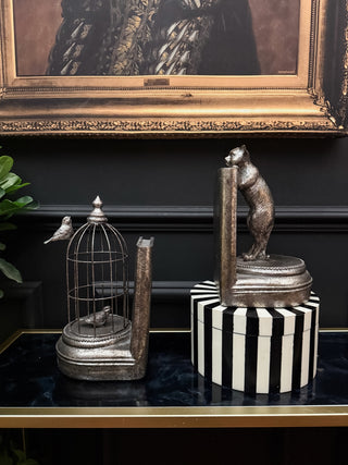 Silver Curious Cat Birdcage Bookends