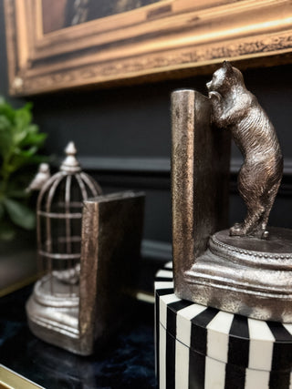 Silver Curious Cat Birdcage Bookends