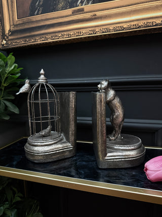 Silver Curious Cat Birdcage Bookends