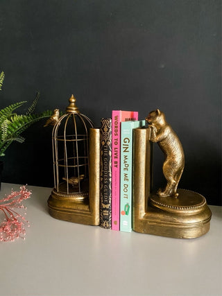 Antique Gold Curious Cat Birdcage Bookends - PUNK & POODLE