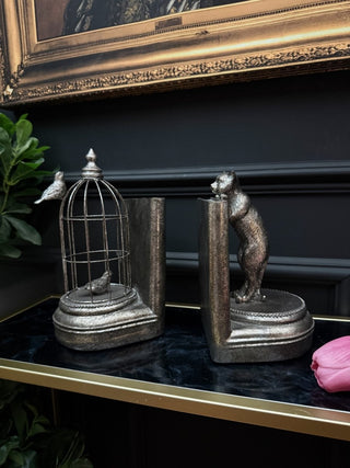 Silver Curious Cat Birdcage Bookends - PUNK & POODLE