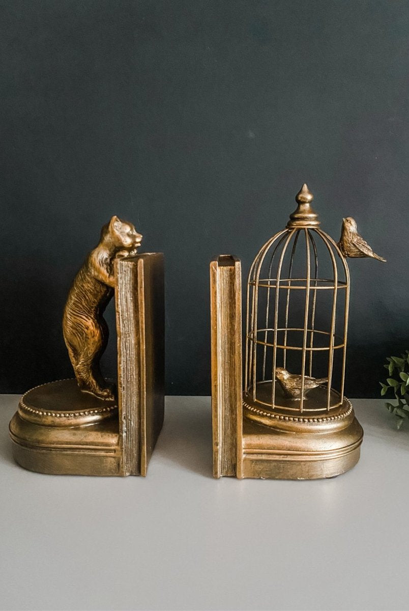 Antique Gold Curious Cat Birdcage Bookends - Punk & Poodle