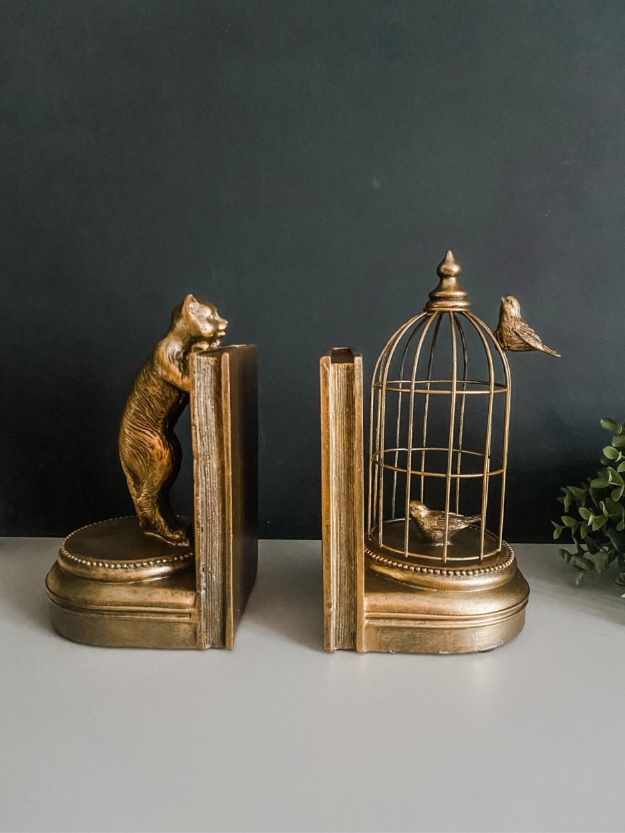 Antique Gold Curious Cat Birdcage Bookends Punk & Poodle