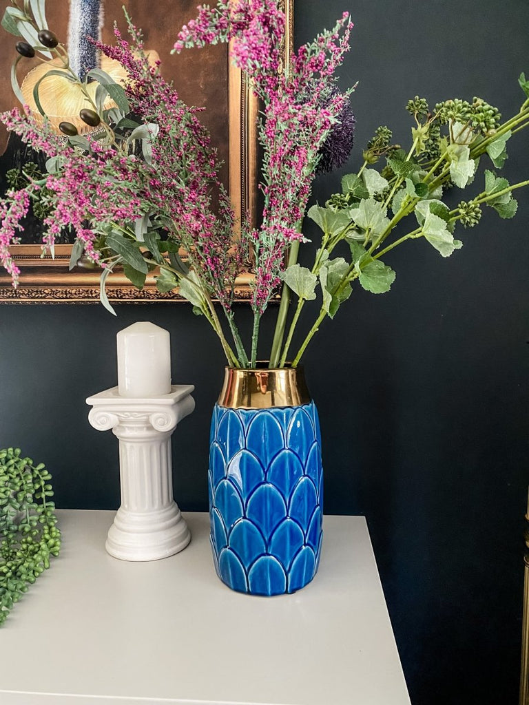Art Deco Leaf Gold Trim Vase | Blue - Punk & Poodle