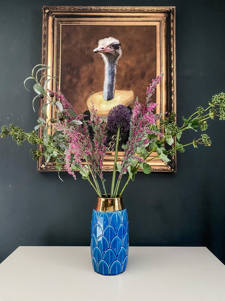 Art Deco Leaf Gold Trim Vase | Blue - Punk & Poodle