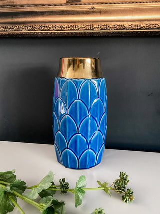 Art Deco Leaf Gold Trim Vase | Blue - Punk & Poodle