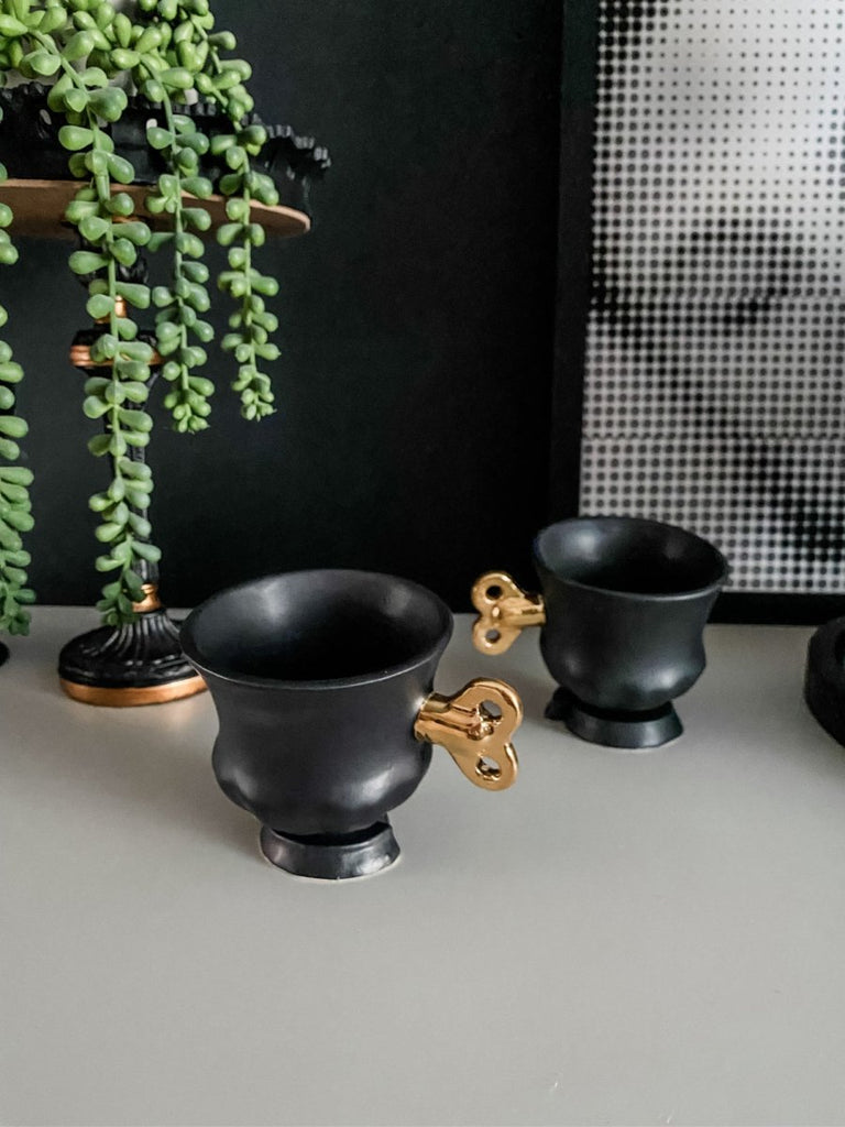 Black & Gold Whimsical Coffee 'Robocups' | Pair - Punk & Poodle