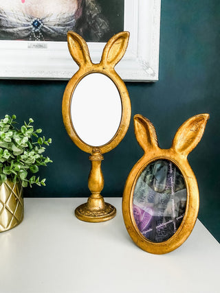 Large Antique Gold Rabbit Ears Table Mirror - Punk & Poodle