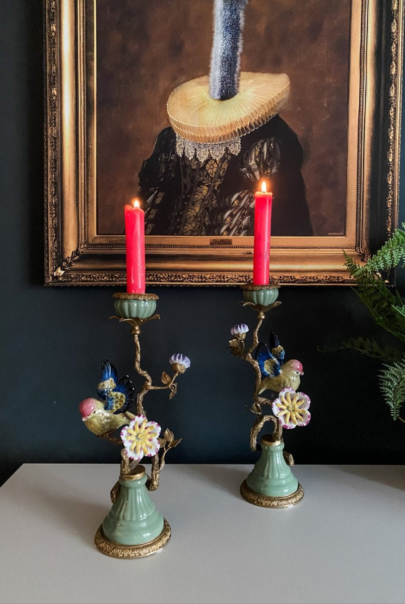 Ornate Bird Porcelain & Brass Candle Holders | Pair - Punk & Poodle
