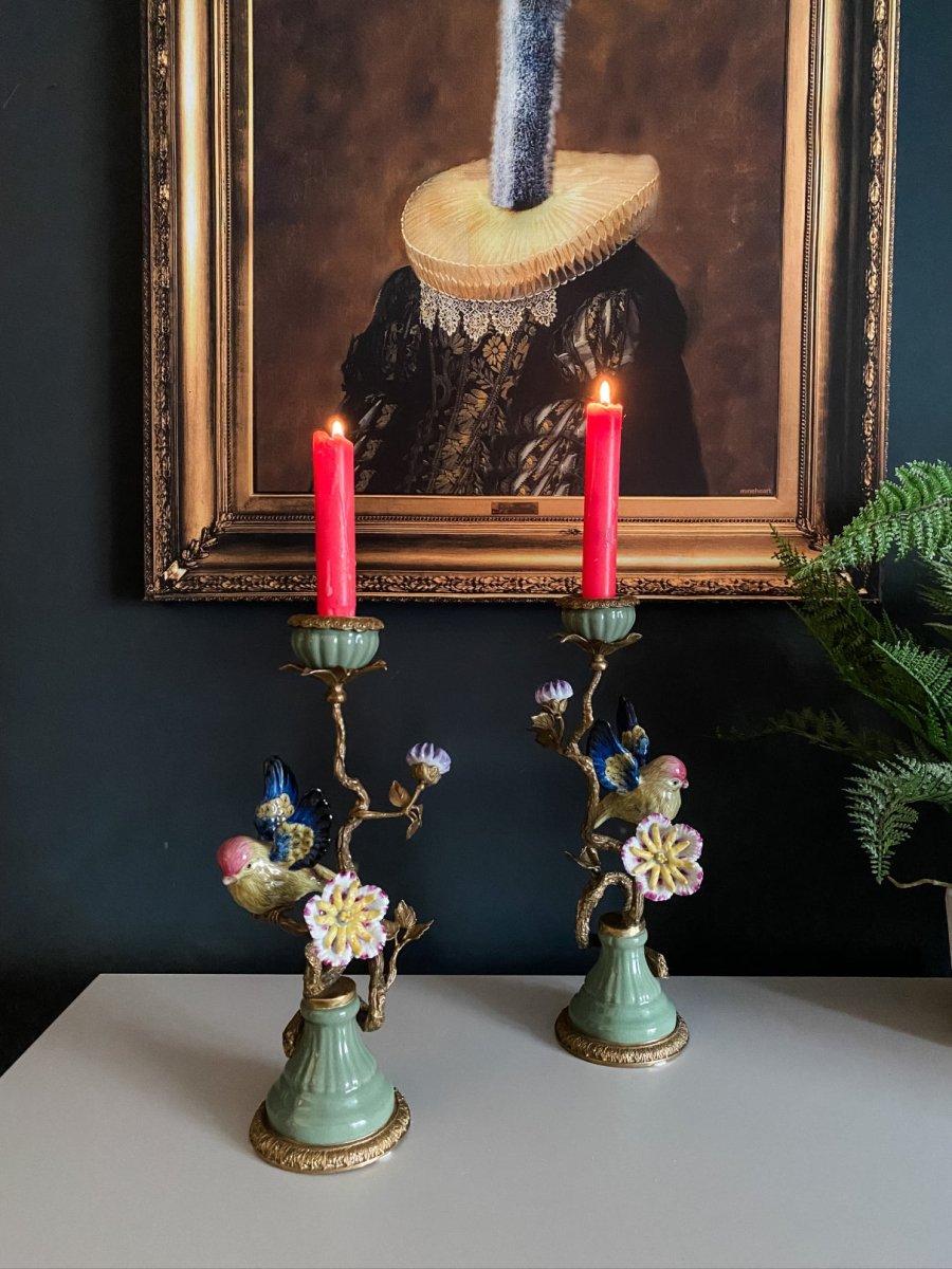 Ornate Bird Porcelain & Brass Candle Holders | Pair - Punk & Poodle