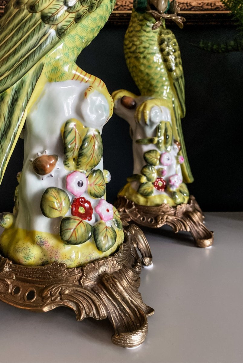 Ornate Parrot Porcelain & Brass Candle Holders | Pair - Punk & Poodle