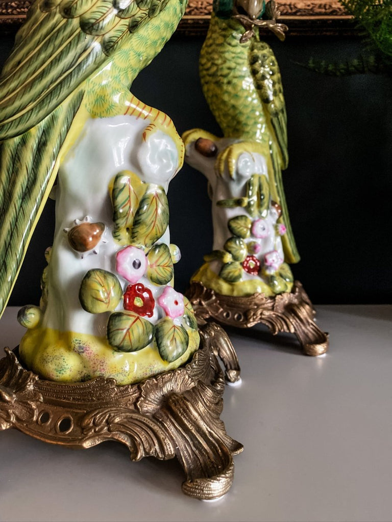 Ornate Parrot Porcelain & Brass Candle Holders | Pair - Punk & Poodle