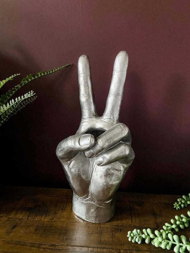 Peace Sign Hand Vase | Antique Silver - Punk & Poodle