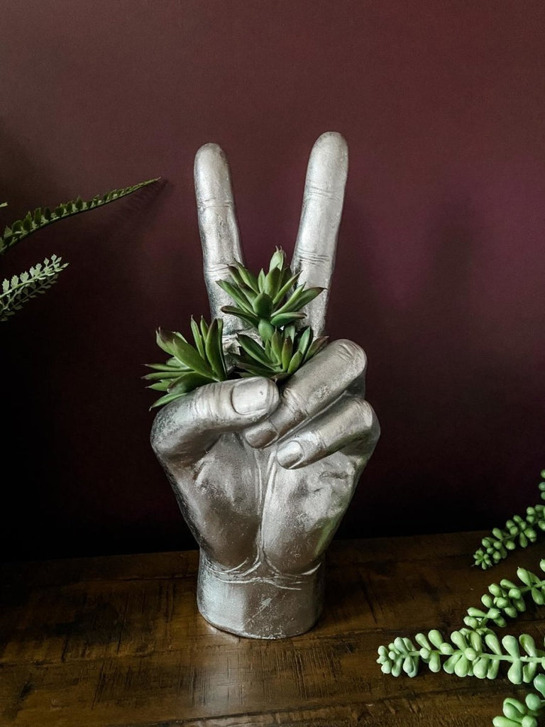 Peace Sign Hand Vase | Antique Silver - Punk & Poodle