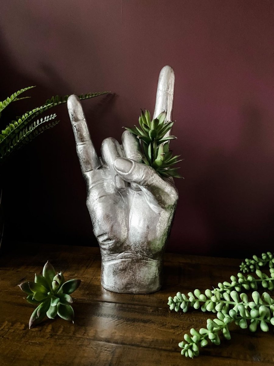Rock On Sign Hand Vase | Antique Silver - Punk & Poodle