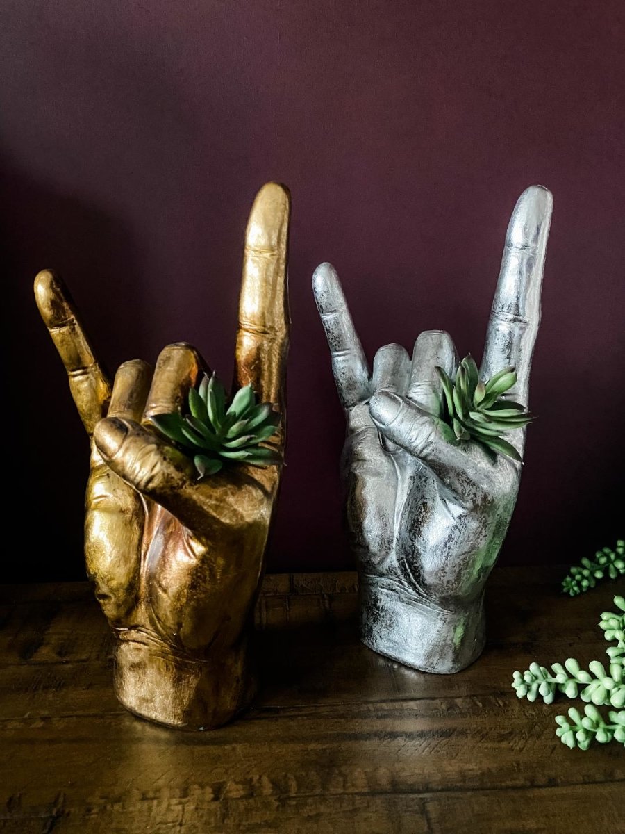 Rock On Sign Hand Vase | Antique Silver - Punk & Poodle